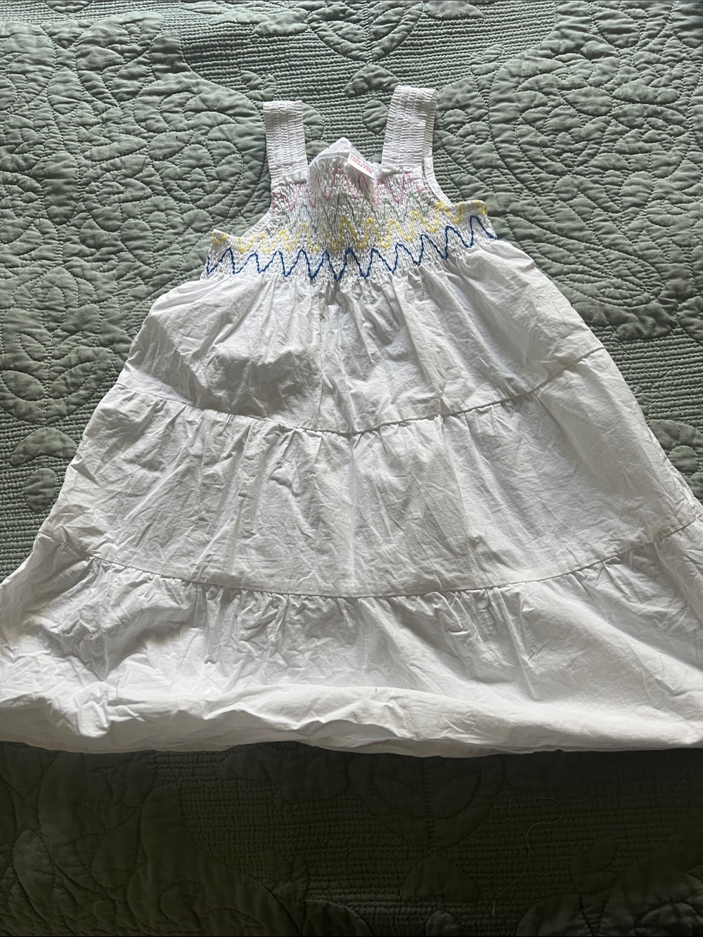 Zara White Smocked Dress with Multicolor Zigzag Stitching